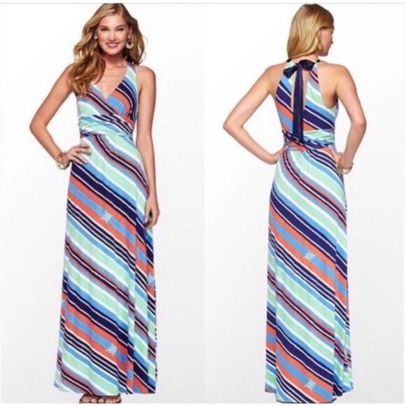 Lilly Pulitzer Amanda size medium Multicolor Knit Nautical Halter Maxi Dress - Picture 1 of 7